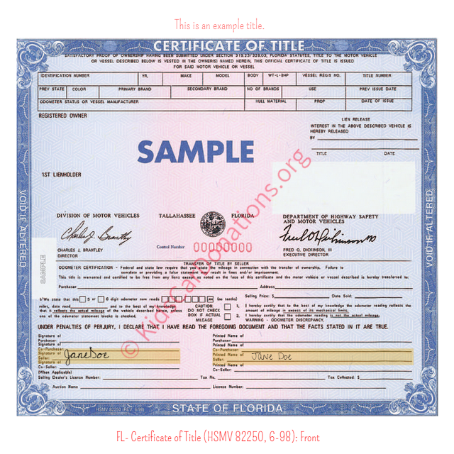 This is an Example of Florida Certificate of Title (HSMV 82250, 6-98) Front View | Kids Car Donations